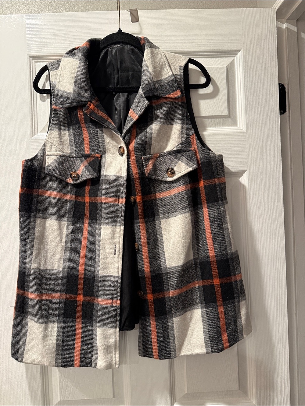 SHEIN Black White and Orange Plaid Sleeveless Blazer Vest